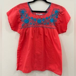 Women’s Hand Embroidered Coral Pink and Turquoise top, Size M